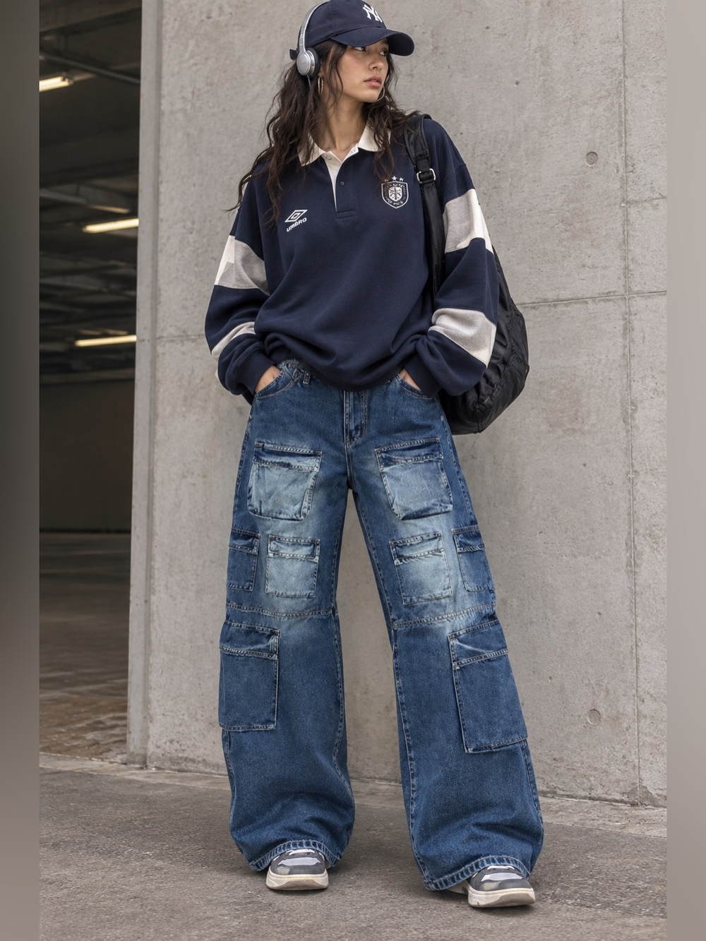 EUC American Bazi SZ M blue 12 pocket cargo Jean/wide legs/waist 31”